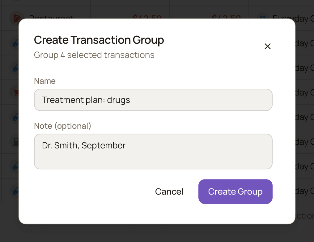 The Create Transaction Group dialog for 4 selected transactions, with the name Treatment plan: drugs and the note Dr. Smith, September filled in.