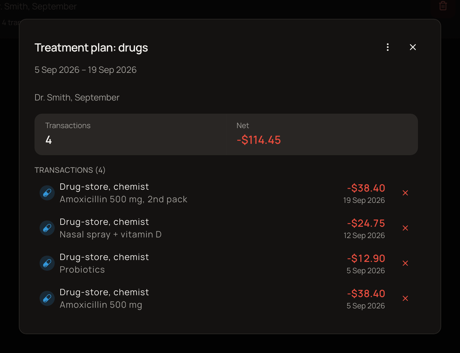 The Treatment plan: drugs group open, showing its date range, the note, a summary of 4 transactions with a Net of -$114.45, and the four pharmacy purchases listed below.