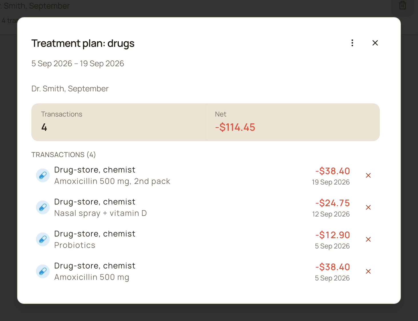 The Treatment plan: drugs group open, showing its date range, the note, a summary of 4 transactions with a Net of -$114.45, and the four pharmacy purchases listed below.